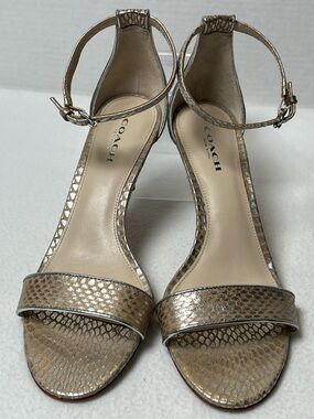 Coach Metallic Gold Snake-Embossed Ankle-Strap Heels